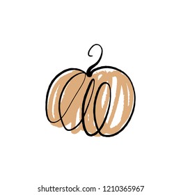Vector single pumpkin line sketch, hand drawn illustration. Logo, label element. Orange color