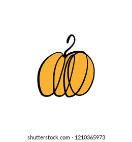 Vector single pumpkin line sketch, hand drawn illustration. Logo, label element. Orange color