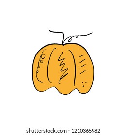 Vector single pumpkin line sketch, hand drawn illustration. Logo, label element. Orange color