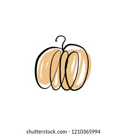 Vector single pumpkin line sketch, hand drawn illustration. Logo, label element. Orange color