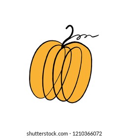 Vector single pumpkin line sketch, hand drawn illustration. Logo, label element. Orange color