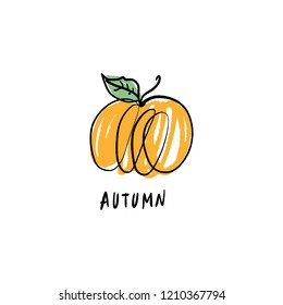 Vector single pumpkin line sketch, hand drawn illustration. Logo, label element. Orange color