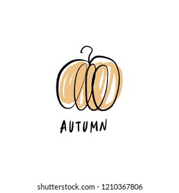 Vector single pumpkin line sketch, hand drawn illustration. Logo, label element. Orange color