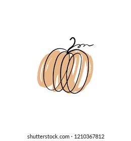 Vector single pumpkin line sketch, hand drawn illustration. Logo, label element. Orange color