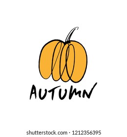 Vector single pumpkin line sketch, hand drawn illustration. Logo, label element. Orange color