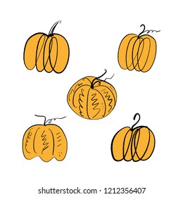Vector single pumpkin line sketches set, hand drawn illustrations. Logos, label elements. Orange color