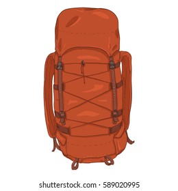 Vector Single Red Cartoon Hiking Backpack on White Background