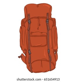 Vector Single Red Cartoon Hiking Backpack on White Background