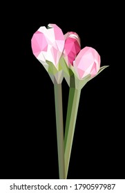 Vector single rose flower isolated on black background. 
Bright sunny spring or summer detailed and accurate design in low poly style. Floral design element.