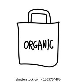 Vector single shopping bag .Ecological illustration doodle black line on a white isolated background.Design for social media,web,cards,textiles,wrapping paper,packaging,prints,coloring.