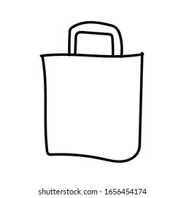 Vector single shopping bag .Ecological illustration doodle black line on a white isolated background.Design for social media,web,cards,textiles,wrapping paper,packaging,prints,coloring.