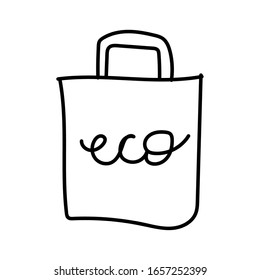 Vector single shopping bag .Ecological illustration doodle black line on a white isolated background.Design for social media,web,cards,textiles,wrapping paper,packaging,prints,coloring.