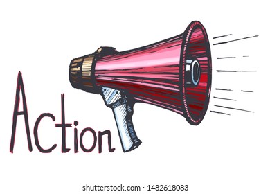 Vector single sketch colored illustration - Loudspeaker hand drawn engraving imitation on isolated white background. Director shout - Camera! Action! Megaphone Icon.
