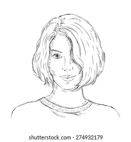 Vector Single Sketch Female Face. Women Hairstyle.