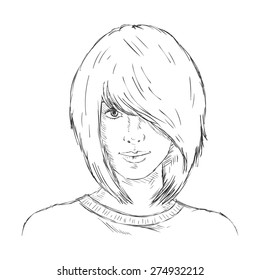 Vector Single Sketch Female Face. Women Hairstyle.