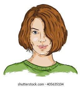 Vector Single Sketch Female Face. Women Hairstyle.