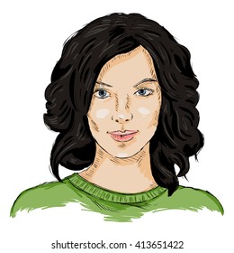 Vector Single Sketch Female Face. Women Hairstyle.