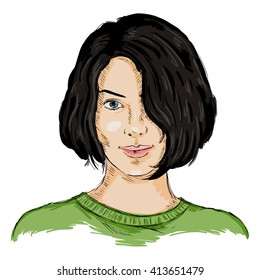Vector Single Sketch Female Face. Women Hairstyle.