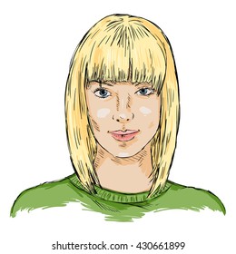 Vector Single Sketch Female Face. Women Hairstyle.