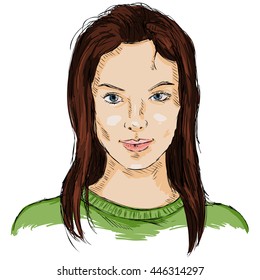 Vector Single Sketch Female Face. Women Hairstyle.
