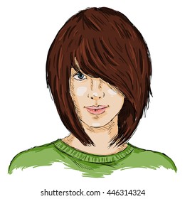 Vector Single Sketch Female Face. Women Hairstyle.