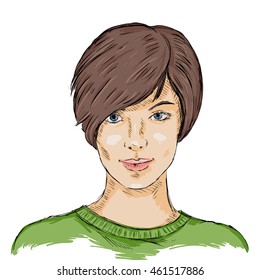 Vector Single Sketch Female Face. Women Hairstyle.