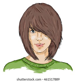 Vector Single Sketch Female Face. Women Hairstyle.
