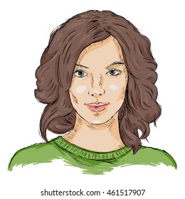 Vector Single Sketch Female Face. Women Hairstyle.