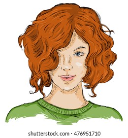 Vector Single Sketch Female Face. Women Hairstyle.