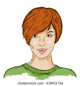 Vector Single Sketch Female Face. Women Hairstyle.