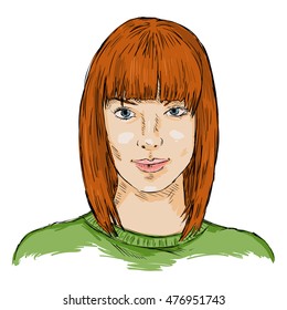 Vector Single Sketch Female Face. Women Hairstyle.
