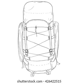 Vector Single Sketch Hiking Backpack. Isolated Background.