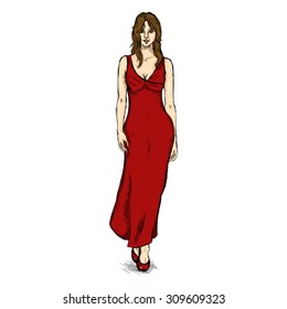 Vector Single Sketch Illustration -  Fashion Female Model in Red Long Dress