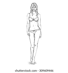 Vector Single Sketch Illustration -  Fashion Female Model in Underwear