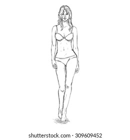 Vector Single Sketch Illustration -  Fashion Female Model in Underwear