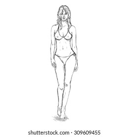 Vector Single Sketch Illustration -  Fashion Female Model in Bikini