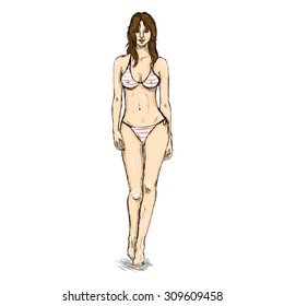 Vector Single Sketch Illustration -  Fashion Female Model in Pink Striped Bikini