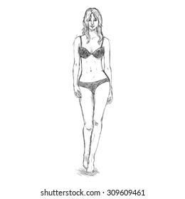 Vector Single Sketch Illustration -  Fashion Female Model in Dark Underwear