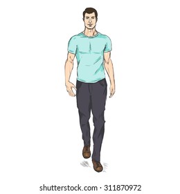 Vector Single Sketch Illustration -  Fashion Male Model in Trousers and Turquoise T-Shirt