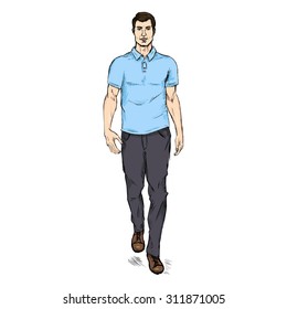 Vector Single Sketch Illustration -  Fashion Male Model in Trousers and Blue Polo Shirt