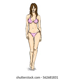 Vector Single Sketch Illustration - Fashion Female Model in Bikini