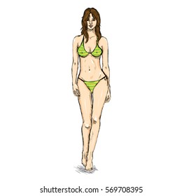 Vector Single Sketch Illustration - Fashion Female Model in Bikini