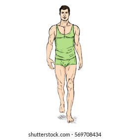 Vector Single Sketch Illustration - Fashion Male Model in Underwear