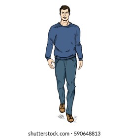Vector Single Sketch Illustration - Fashion Male Model in Trousers and Sweatshirt