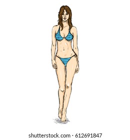 Vector Single Sketch Illustration - Fashion Female Model in Bikini