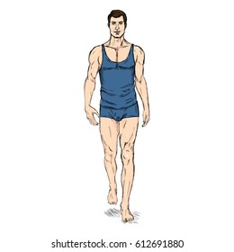 Vector Single Sketch Illustration - Fashion Male Model in Underwear