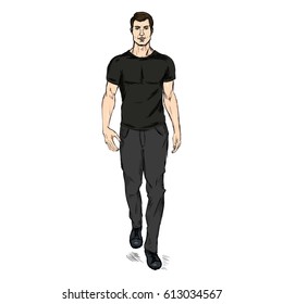 Vector Single Sketch Illustration - Fashion Male Model in Trousers and T-Shirt