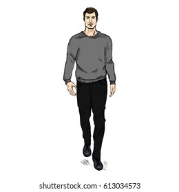 Vector Single Sketch Illustration - Fashion Male Model in Trousers and Sweatshirt