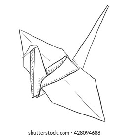Vector Single Sketch Paper Crane. Traditional Origami Bird.