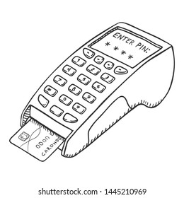 Vector Single Sketch Payment Terminal with Credit Card Inside It.